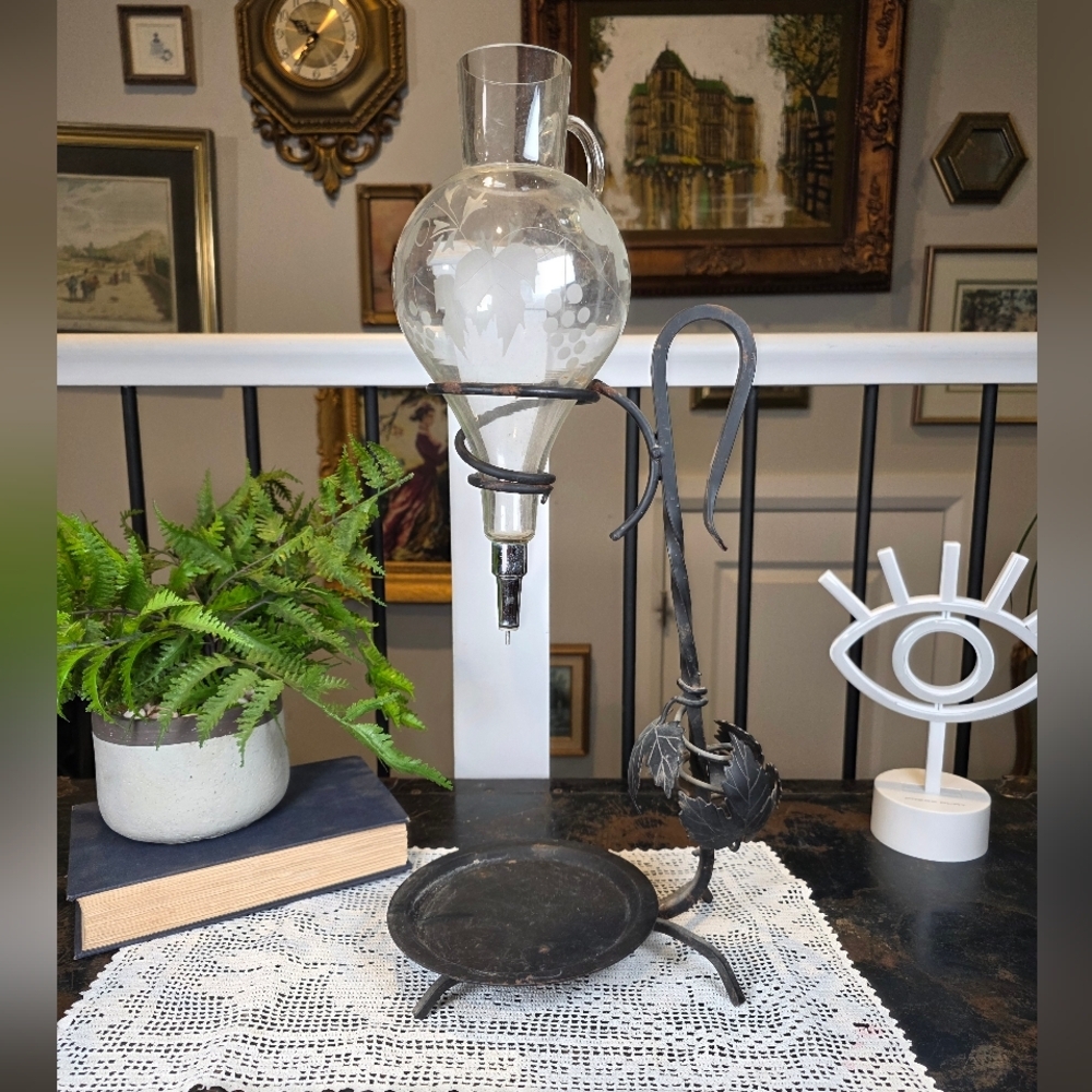 Vintage Etched Glass Wine Decanter Dispenser on Wrought Iron Grapevine Stand Bar